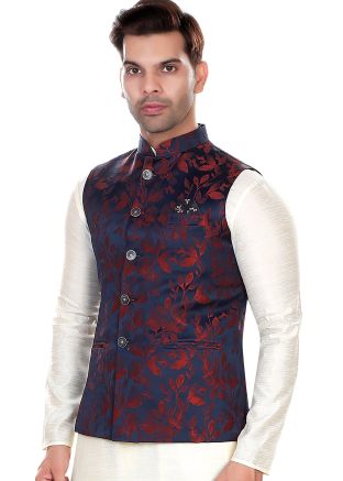 Blue Readymade Jacquard Nehru Jacket In Woven Work