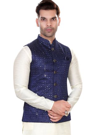Blue Readymade Embroidered Nehru Jacket In Art Silk