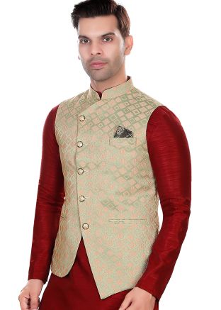 Green Readymade Jacquard Nehru Jacket In Woven Work