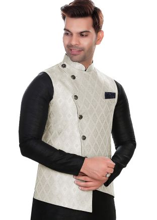 Grey Readymade Jacquard Woven Nehru Jacket 