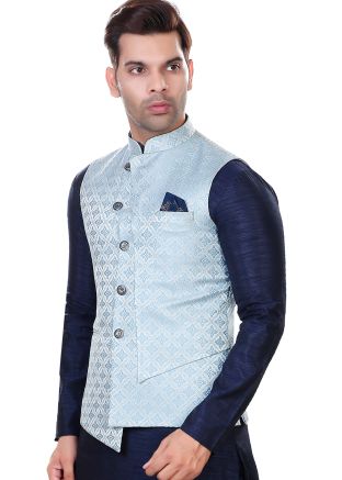 Blue Readymade Jacquard Nehru Jacket In Woven Work