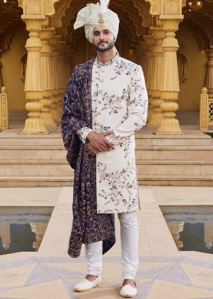 Cream Embroidered Mens Sherwani Set