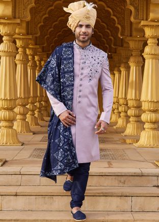 Purple Embroidered Art Silk Sherwani Set