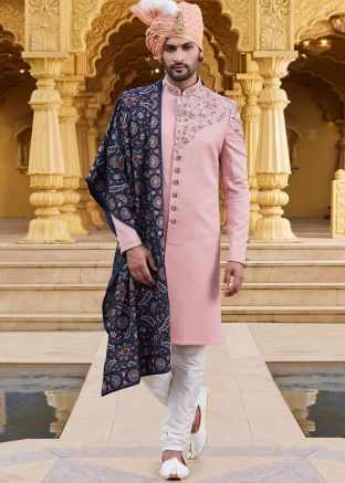 Mens Pink Embroidered Sherwani Set In Art Silk