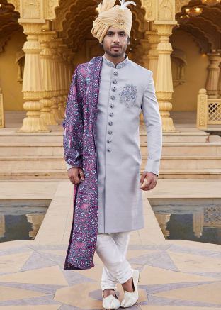 Mens Grey Embroidered Sherwani Set & Stole