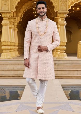 Readymade Mens Peach Embroidered Sherwani Set