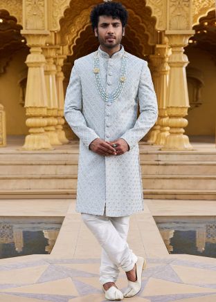 Readymade Grey Embroidered Mens Sherwani Set