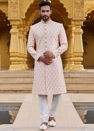 Peach Thread Embroidered Sherwani Set
