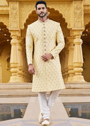 Yellow Art Silk Embroidered Mens Sherwani Set