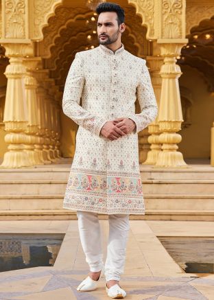 Mens Cream Embroidered Sherwani In Art Silk