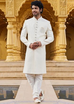 Cream Stone Embellished Art Silk Sherwani