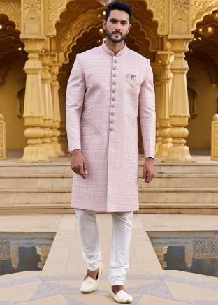 Mauve Pink Stone Work Sherwani Set In Art Silk