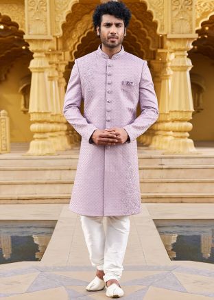 Purple Embellished Art Silk Sherwani Set