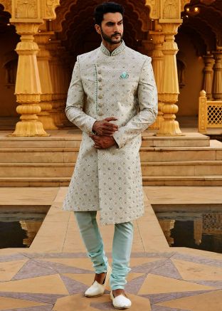 Grey Embroidered Asymmetric Sherwani Set