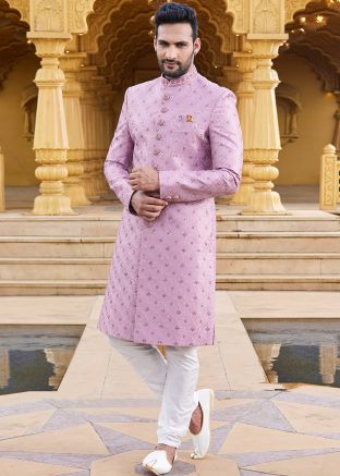 Readymade Pink Thread Embroidered Sherwani Set