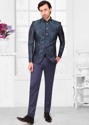 Blue Woven Bandhgala Jodhpuri Suit In Rayon