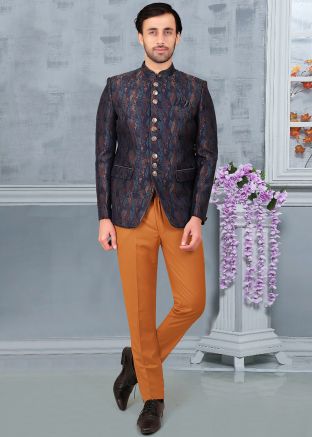 Navy Blue Woven Mens Bandhgala Jodhpuri Suit