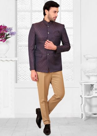 Mens Blue Woven Bandhgala Jodhpuri Suit
