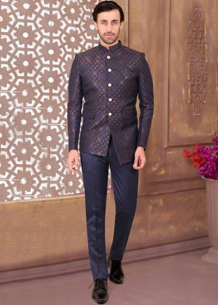 Blue Asymmetric Woven Bandhgala Jodhpuri Suit