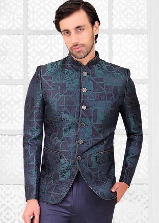 Blue Woven Bandhgala Jodhpuri Jacket In Rayon