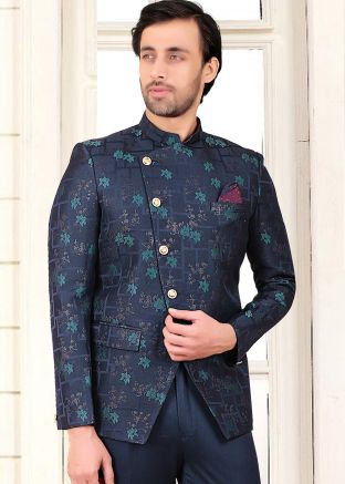 Navy Blue Woven Bandhgala Jodhpuri Jacket For Men