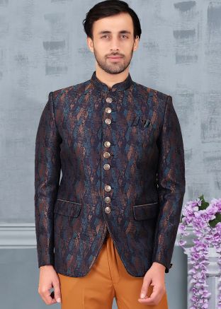 Navy Blue Woven Mens Bandhgala Jodhpuri Jacket