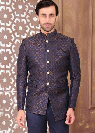 Blue Asymmetric Woven Bandhgala Jodhpuri Jacket