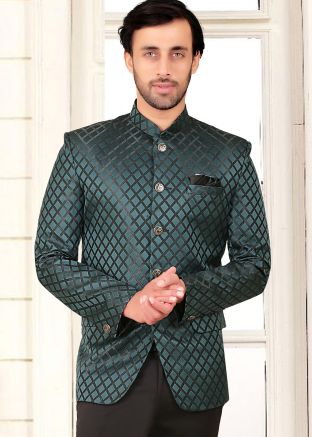 Teal Green Woven Bandhgala Jodhpuri Jacket For Men
