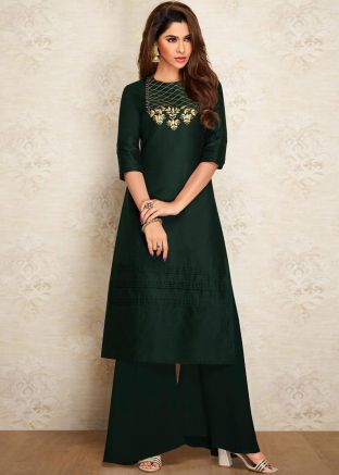 Green Readymade Dupion Silk Long Kurta Palazzo Set