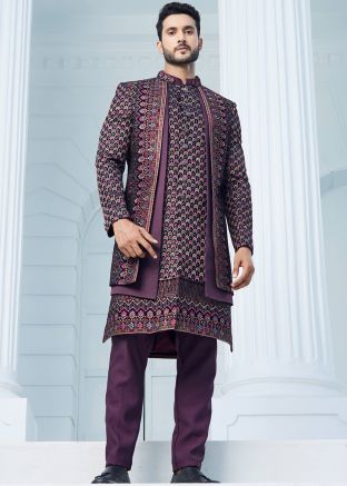 Wine Readymade Velvet Embroidered Jacket Style Mens Sherwani 