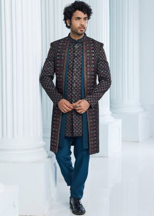 Green Readymade Embroidered Jacket Style Mens Sherwani In Velvet