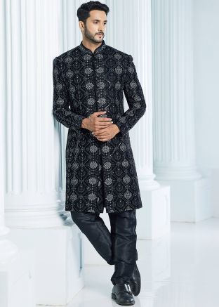 Black Readymade Velvet Mens Indo Western Sherwani In Thread Embroidery