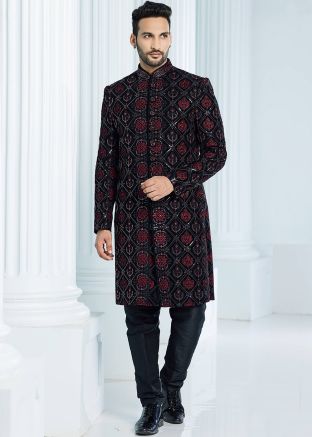 Black Readymade Velvet Embroidered Indo Western Mens Sherwani 
