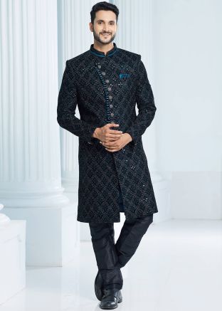 Green Readymade Embroidered Velvet Indo western Mens Sherwani 