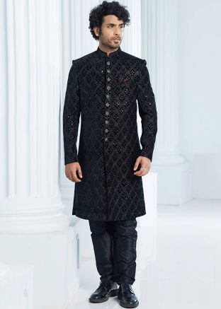 Black Readymade Velvet Indo Western Mens Sherwani In Embroidery