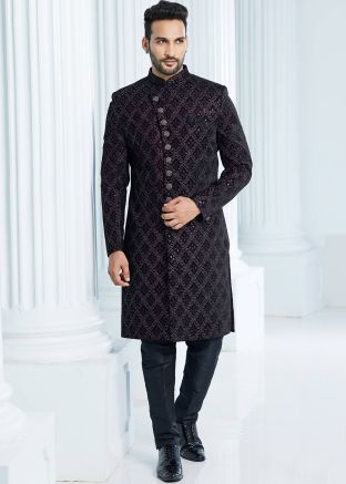 Magenta Readymade Velvet Mens Embroidered In Sherwani Indo Western