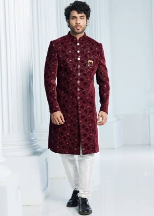 Maroon Readymade Velvet indo Western Mens Embroidered In Sherwani