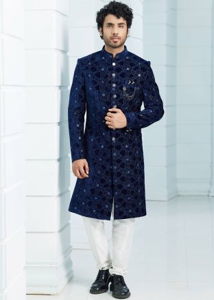 Blue Readymade Velvet Indo Western Mens Sherwani In Embroidery