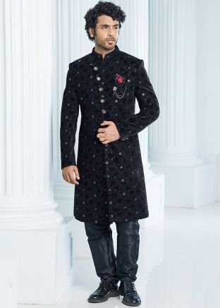 Black Readymade Velvet Embroidered Indo Western Mens Sherwani 