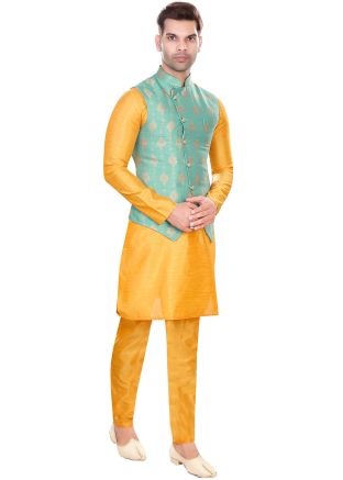 Yellow Readymade Jacquard Kurta Pajama In Nehru Jacket Style