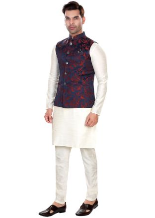White Readymade Nehru Jacket Style Kurta Pajama In Jacquard 