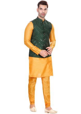 Yellow Readymade Jacquard Kurta Pajama In Nehru Jacket Style