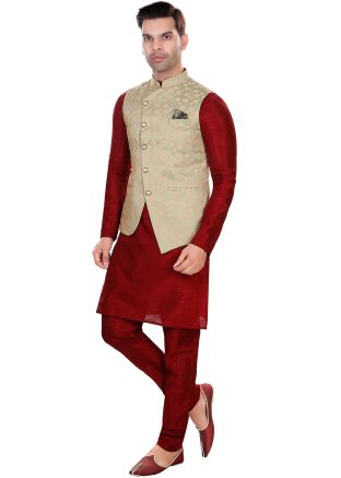 Red Readymade Jacquard Kurta Pajama In Nehru Jacket Style