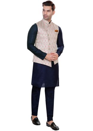 Blue Readymade Nehru Jacket Style Kurta Pajama In Jacquard