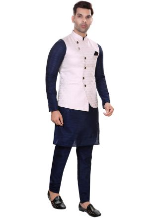 Blue Readymade Nehru Jacket Style Kurta Pajama In Jacquard