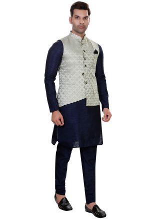 Blue Readymade Jacquard Nehru Jacket Style Kurta Pajama 