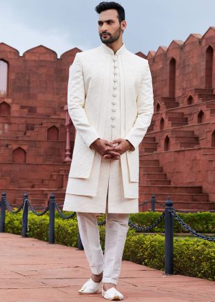 Cream Embroidered Indo Western Sherwani Set