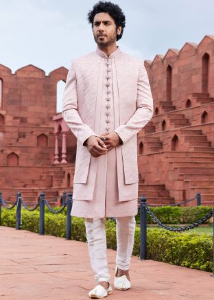 Pink Mens Embroidered Indo Western Sherwani Set