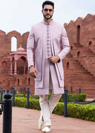 Mauve Pink Embroidered Mens Indo Western Sherwani