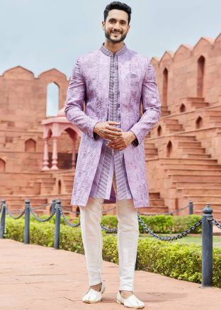 Mens Purple Embroidered Indo Western Sherwani